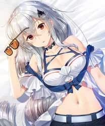  :o arknights bare_shoulders bed_sheet belt black-framed_eyewear black_choker blue_bow bow breasts choker cleavage collarbone female from_above grey_hair highres holding holding_removed_eyewear long_hair looking_at_viewer lying medium_breasts navel nonderi off_shoulder official_alternate_costume on_back on_bed open_mouth orange-tinted_eyewear orca_hair_ornament polka_dot polka_dot_bow red_eyes short_sleeves skadi_(arknights) skadi_(waverider)_(arknights) solo stomach sunglasses tinted_eyewear unworn_eyewear 