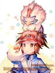  1boy :o banned_artist bird blush brown_eyes brown_hair commentary_request gen_5_pokemon jacket naru_(andante) nate_(pokemon) on_head oshawott pokemon pokemon_(creature) pokemon_(game) pokemon_bw2 pokemon_on_head red_headwear repost_notice rufflet short_sleeves starter_pokemon visor_cap 