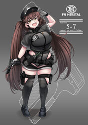  baseball_cap black_footwear black_shorts breasts brown_hair female fn_five-seven full_body gloves grey_hat grey_leotard grey_shirt grey_thighhighs gun handgun hat highres holding holding_gun holding_weapon konoshige_(ryuun) large_breasts leotard long_hair original personification plump shirt short_shorts short_sleeves shorts shortstack skindentation solo standing thighhighs thighs tight_clothes twintails very_long_hair weapon white_gloves yellow_eyes 