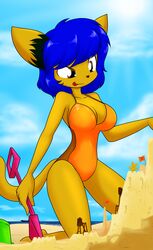  2017 anthro beach big_breasts black_body black_fur blue_hair bodily_fluids breasts brown_body brown_eyes brown_fur cleavage clothed clothing curvy_figure detailed_background digital_media_(artwork) domestic_cat felid feline felis female fingers fur hair hi_res kneeling mammal multicolored_body multicolored_fur one-piece_swimsuit outside sand_castle sandwich-anomaly sculpture sea seaside shovel side_boob smile solo sweat swimwear thick_thighs tongue tongue_out tools voluptuous water zamie_(zamiecat) 