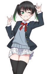  \m/ black_hair black_jacket black_thighhighs blazer blue_vest collared_shirt double_\m/ female gradient_hair green_eyes green_hair grey_skirt grin highres jacket long_sleeves looking_at_viewer love_live! love_live!_nijigasaki_high_school_idol_club medium_hair miniskirt multicolored_hair neck_ribbon nico_nico_nii nijigasaki_school_uniform one_eye_closed open_clothes open_jacket plaid plaid_skirt pleated_skirt red_ribbon ribbon school_uniform shirt simple_background skirt smile solo sweater_vest takasaki_yu teeth thighhighs twintails two-tone_hair vest white_background white_shirt zero-theme 