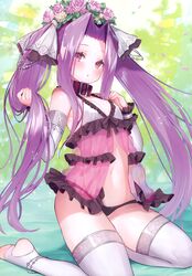  :o absurdres babydoll bare_shoulders belt_collar black_panties blush breasts collar detached_sleeves fate/grand_order fate_(series) female flower flower_wreath frills full_body green_background hair_ribbon head_wreath highres holding holding_own_hair long_hair looking_at_viewer medusa_(fate) medusa_(lancer)_(fate) medusa_(lancer)_(final_ascension)_(fate) navel no_shoes official_alternate_costume panties parted_bangs parted_lips petals pink_flower pink_rose purple_babydoll purple_eyes purple_hair ribbon rose scan see-through shiny_clothes shiny_skin single_wrist_cuff sitting small_breasts solo stirrup_legwear stomach suzuho_hotaru thighhighs toeless_legwear twintails underwear underwear_only very_long_hair wariza white_ribbon white_thighhighs wrist_cuffs 