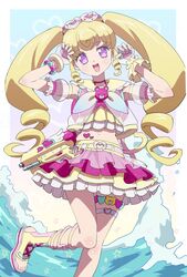  :d belt bikini blonde_hair blush bracelet commentary_request detached_sleeves drill_hair edamame_(buruburu) female fingerless_gloves gloves goggles goggles_on_head hands_up heart heart_tattoo highres idol_time_pripara jewelry layered_skirt long_hair looking_at_viewer navel neckerchief open_mouth pretty_series pripara puffy_detached_sleeves puffy_sleeves purple_eyes ringlets sailor_collar sandals see-through sidelocks skirt smile solo standing standing_on_one_leg swimsuit tattoo thigh_strap twin_drills twintails very_long_hair water water_gun waves white_belt white_gloves yellow_sailor_collar yumekawa_yui 