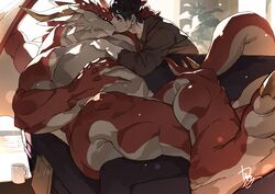  2boys abs bara brown_hair clothed_male_nude_male contemporary couple crossed_legs cup dragon_boy dragon_wings facial_hair feet foreshortening furry furry_male furry_with_non-furry goatee hand_on_another&#039;s_head highres interspecies kimidori_(dera_kimidori) kissing large_pectorals lying male_focus mug multiple_boys muscular muscular_male nude on_back original pectorals perspective red_scales short_hair sideburns size_difference stomach stubble sunlight sweatdrop wings yaoi 