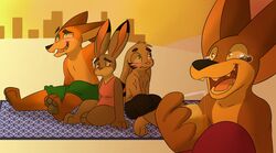  anthro barefoot beach bed blush blush_lines bodily_fluids canid canine canis clothed clothing digital_media_(artwork) disney feet female fennec_fox finnick_(zootopia) fox fur furniture group head_tuft hethroz hi_res interspecies jack_savage judy_hopps lagomorph leporid male male/female mammal nick_wilde orange_theme rabbit red_fox sand seaside sky sleeping swimming_trunks swimwear tears toes topless topless_anthro topless_male true_fox tuft warm_colors zootopia 