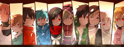  5boys 5girls ahoge amamiya_hibiya aqua_scrunchie aqua_shirt arrow_(symbol) arrow_print bandage_on_face bandage_over_one_eye bandaged_head bandages black_hair black_jacket black_sailor_collar black_shirt blonde_hair blue_hair blue_jacket brown_hair brown_shirt cardiogram closed_mouth collared_jacket column_lineup commentary copyright_name cross-laced_clothes double-parted_bangs ene_(kagerou_project) expressionless facial_mark from_side frown gradient_background green_hair green_jumpsuit grin hair_between_eyes hair_ornament hair_scrunchie hairband hairclip highres hood hood_up hooded_jacket hooded_jumpsuit hoodie jacket jumpsuit k623 kagerou_project kano_shuuya kido_tsubomi kisaragi_momo kisaragi_shintarou konoha_(kagerou_project) kozakura_marry long_bangs long_hair looking_at_viewer looking_to_the_side multiple_boys multiple_girls neck_warmer neckerchief no_pupils notched_neckline one_eye_covered open_clothes open_jacket open_mouth orange_hair photoshop_(medium) pink_hairband pink_jacket popped_collar portrait purple_hoodie red_eyes red_jacket red_scarf sad sailor_collar scarf school_uniform scrunchie serafuku serious seto_kousuke shirt short_hair side_ponytail sleeveless sleeveless_jacket smile t-shirt tateyama_ayano teeth track_jacket wavy_hair white_background white_hair white_jacket white_neckerchief white_shirt winter_uniform yellow_background zipper_pull_tab 