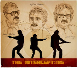  3boys commentary_request facial_hair glasses james_may jeremy_clarkson moustache multiple_boys parody photoshop_(medium) richard_hammond shimizu_(40sa1ka) sten_gun sunglasses the_interceptors top_gear 