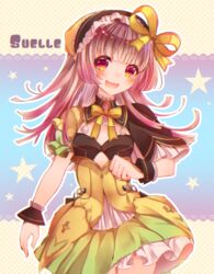  :d atelier_(series) atelier_lydie_&amp;_suelle blush bow character_name clenched_hand commentary_request female head_tilt high-waist_skirt long_hair looking_at_viewer necota116 open_mouth outline pink_eyes pink_hair skirt smile solo star_(symbol) suelle_marlen white_outline wrist_cuffs yellow_bow 