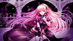  blue_eyes blush breasts commentary_request detached_sleeves eyelashes female gogatsu_no_renkyuu hands headphones highres long_hair looking_at_viewer medium_breasts megurine_luka microphone microphone_stand music open_mouth pink_hair singing skirt smile solo thighhighs very_long_hair vocaloid 