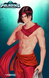  1boy abs artist_name bare_shoulders brown_hair commentary_request copyright_name green_eyes headband highres male_focus navel nipples paladins scar scarf sha_lin solo topless_male upper_body vocox 