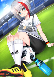  2018 2018_fifa_world_cup adidas adidas_predator admiral_graf_spee_(azur_lane) arm_support armband azur_lane ball black_shorts blue_eyes blue_sky blush bottle breasts check_commentary chinese_commentary closed_mouth cloud commentary_request day dutch_angle female fingernails german_flag german_text germany goal grass hand_on_own_knee highres kneehighs large_breasts lenxiao looking_at_viewer mosaic_pattern multicolored_hair on_grass outdoors partial_commentary photoshop_(medium) powerade print_shirt red_hair shirt shoes short_hair short_shorts short_sleeves shorts sitting sky sneakers soccer soccer_ball soccer_field soccer_uniform socks solo sportswear stadium streaked_hair sweat sweatband telstar_18 thighs translated water_bottle white_hair white_shirt white_socks world_cup yellow_footwear 