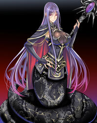  breasts capelet chains cleavage cleavage_cutout clothing_cutout coiled commentary_request female glowing glowing_eyes gradient_background hand_on_own_hip lamia large_breasts long_hair monster_girl mugenshiki nail_polish original purple_eyes purple_hair red_nails smile solo staff sword_world sword_world_2.0 very_long_hair witch 