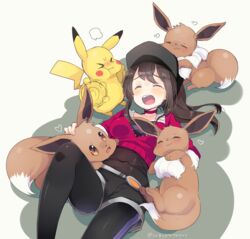  &gt;_&lt; :d ^_^ artist_name baseball_cap belt black_hair black_hat black_leggings black_shorts blush breasts brown_eyes choker closed_eyes collarbone commentary_request covered_navel eevee female female_protagonist_(pokemon_go) hat headpat heart hug jealous kanro_ame_(ameko) leggings long_hair long_sleeves lying medium_breasts motion_blur on_back open_mouth pikachu pokemon pokemon_(creature) pokemon_go ponytail pout red_shirt shirt shorts simple_background smile 