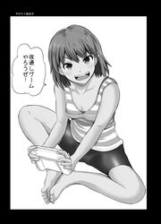  bare_arms barefoot bed bicycle bike_shorts bra bra_peek breasts butterfly_sitting collarbone commentary_request eyebrows female game_console greyscale grin highres knees_apart_feet_together lace lace-trimmed_bra lace_trim looking_at_viewer meikou_gijuku monochrome oerba_yun_fang open_mouth original photoshop_(medium) sabo_rin saborou shirt short_hair sitting small_breasts smile solo sparkle striped_clothes striped_shirt tank_top translated underwear wii_u wii_u_gamepad yano_toshinori 