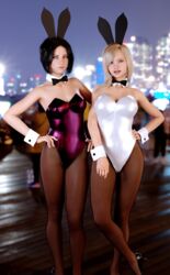  2girls 3d black_hair blonde_hair bowtie bunnysuit city city_background clothed clothing depth_of_field female female_only fishnets front_view hand_on_hip hands_on_hips huge_breasts large_breasts lewd4d looking_at_viewer medium_hair multiple_girls outdoor outdoors outside short_hair slushe_(website) standing 