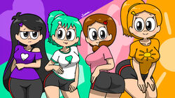  4girls alternate_version_available ass bending_forward big_breasts black_eyes black_hair body_difference bra_strap brown_hair censored cute different_poses earrings edna_(writers_crusaders) eli_(writers_crusaders) green_hair hairclip hands_behind_back hands_on_hips heart height_difference long_hair long_pants lovely_(writers_crusaders) mitchelline_(writers_crusaders) orange_hair orange_topwear pink_topwear ponytail purple_topwear short_skirt shorts side_ponytail skirt thick_ass thick_thighs tongue tongue_out wcjuan writers_crusaders 