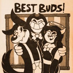  2017 alice_angel angel angel_humanoid anthro bendy_and_the_ink_machine bendy_the_dancing_demon black_body black_fur boris_the_friendly_wolf bow_(feature) bow_tie canid canine canis clothed clothing demon demon_humanoid female fleischer_style_toon fur gloves group halo handwear horn humanoid hybrid inkblot male mammal oddlydelirious text toony wolf 