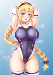  armpits arms_behind_head arms_up ass_visible_through_thighs black_hairband black_scrunchie blonde_hair blue_eyes blue_one-piece_swimsuit blush braid braided_ponytail breasts collar commentary_request competition_swimsuit covered_navel cowboy_shot elbow_gloves fate/grand_order fate_(series) female gloves hair_ornament hair_scrunchie hairband heart_collar highleg highleg_swimsuit highres jeanne_d&#039;arc_(fate) jeanne_d&#039;arc_(ruler)_(fate) large_breasts long_hair looking_at_viewer one-piece_swimsuit open_mouth pink_collar scrunchie single_braid solo standing standing_on_liquid swimsuit taut_clothes taut_swimsuit teeth thighhighs upper_teeth_only very_long_hair white_gloves white_thighhighs yuunagi_(0217) 