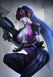  armor artist_name bad_deviantart_id bad_id black_gloves body_writing bodysuit breasts breasts_apart center_opening collarbone colored_skin covered_nipples cowboy_shot earrings eyelashes felice female finger_on_trigger gauntlets gloves gun hand_up head-mounted_display highres holding holding_gun holding_weapon holster jewelry large_breasts leg_up lips long_hair looking_at_viewer overwatch overwatch_1 parted_lips pauldrons pink_bodysuit ponytail purple_hair purple_lips purple_skin rifle shoulder_armor shoulder_pads skin_tight smile sniper_rifle solo stud_earrings thigh_holster thigh_strap turtleneck very_long_hair watermark weapon web_address widowmaker_(overwatch) yellow_eyes 