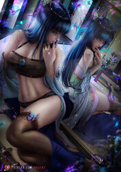  1girls axsens bangs bare_shoulders bare_skin bare_thighs black_crop_top black_panties black_underwear blue_hair busty butterfly butterfly_hair_ornament cleavage closed_legs clothed clothed_female clothing coffee_table cosplay crop_top crossover cute_face dark_blue_hair demon_slayer epaulettes female female_focus female_only fit fit_female fusion hair_ornament hime_cut hyuuga_hinata jewelry katana kimetsu_no_yaiba kochou_shinobu_(cosplay) laying_down laying_on_side legs legs_closed light-skinned_female light_skin long_hair looking_at_mirror looking_at_self looking_back magic mirror mirror_reflection naruto naruto_(series) naruto_shippuden navel necklace open_clothes open_robe panties pillows plant purple_eyes robe sideboob slim_girl slim_waist smile solo solo_female solo_focus stockings sword table thighs toned toned_female toned_stomach underwear vase weapon 