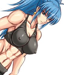  abs blue_eyes blue_hair breasts commentary_request covered_nipples crop_top dutch_angle earrings female impossible_clothes jewelry large_breasts leona_heidern long_hair looking_at_viewer midriff muscular muscular_female navel ponytail solo tank_top taroimo_(00120014) the_king_of_fighters tsurime upper_body 