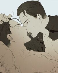  2boys bite_mark bite_marks chest connor_(detroit) dark dark_hair detroit:_become_human ear hair kissing male male_focus monochrome multiple_boys pillow shirt shirtless tagme tongue yaoi 