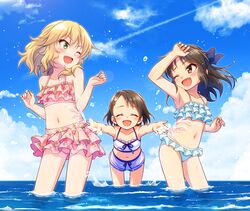  3girls :d ;d ^_^ armpits bikini black_eyes black_hair blonde_hair blue_bow bow brown_eyes closed_eyes commentary flat_chest frilled_bikini frills green_eyes hair_ornament half_updo idolmaster idolmaster_cinderella_girls long_hair multiple_girls naoharu_(re_barna) navel ocean one_eye_closed open_mouth outdoors rabbit_hair_ornament sakurai_momoka sasaki_chie short_hair smile splashing swimsuit tachibana_arisu wading wavy_hair 