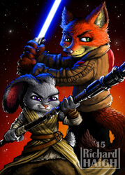  2015 4_fingers anthro blue_lightsaber canid canine clothing cosplay crossover disney duo female fingers finn_(star_wars) fox fur green_eyes grin hi_res holding_object holding_weapon inner_ear_fluff judy_hopps lagomorph leporid lightpike lightsaber lightsaber_polearm male mammal melee_weapon nick_wilde night outside parody penmark purple_eyes rabbit red_fox rey_(star_wars) robe size_difference smile staff star_wars the_force_awakens true_fox tuft weapon zootopia 