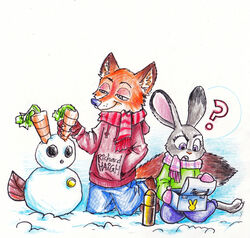  2016 anthro barefoot canid canine claws clothing disney duo feet female fox fur green_eyes hand_in_pocket handwear hi_res hoodie inner_ear_fluff judy_hopps kneeling lagomorph leporid lunchbox male mammal mittens nick_wilde outside penmark pockets purple_eyes question_mark rabbit red_fox scarf simple_background size_difference smile snow snowman surprise thermos toe_claws topwear true_fox tuft white_background winter zootopia 