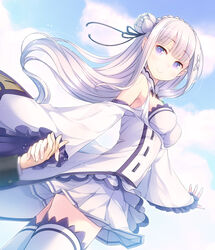  bare_shoulders black_ribbon blunt_bangs blush braid breasts clothing_cutout cloud cloudy_sky commentary_request cowboy_shot crown_braid day detached_collar dress dutch_angle emilia_(re:zero) female flower foreshortening frilled_sleeves frills from_below hair_flower hair_ornament hair_ribbon highres holding_hands long_hair long_sleeves looking_at_viewer matsuuni medium_breasts natsuki_subaru out_of_frame outdoors outstretched_arm pointy_ears purple_eyes re:zero_kara_hajimeru_isekai_seikatsu ribbon shoulder_cutout sky solo_focus standing thighhighs white_dress white_hair white_legwear wide_sleeves x_hair_ornament zettai_ryouiki 