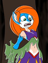  2018 alternate_species anthro bottomwear breasts canid canine clothed clothing digital_media_(artwork) disney female forest fox furrification goo_transformation green_eyes hair human human_to_anthro hyperflannel kim_possible kimberly_ann_possible long_hair mammal navel open_mouth outside plant red_hair scared skimpy skirt slime solo species_transformation standing toony transformation tree 