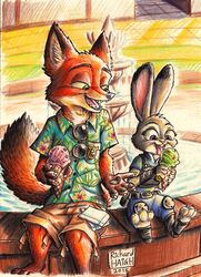  2015 3_toes 4_fingers aloha_shirt anthro bottomwear buckteeth canid canine claws clothed clothing dessert disney duo eyewear feet female fingers food fox fully_clothed fur green_eyes hi_res holding_object hooked_eyewear ice_cream inner_ear_fluff judy_hopps lagomorph leporid licking male mammal nick_wilde outside pattern_clothing pattern_shirt pattern_topwear pawpads penmark police police_uniform purple_eyes rabbit red_fox shirt shorts simple_background sitting size_difference sunglasses teeth toe_claws toes tongue tongue_out topwear true_fox tuft uniform zootopia 