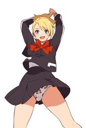  ai-wa arms_up blonde_hair blue_eyes bow commentary cowboy_shot female front-print_panties highres lisa_silverman open_mouth panties pantyshot persona persona_2 persona_2_tsumi print_panties red_bow school_uniform seven_sisters_high_school_uniform short_hair smile solo standing suou_tatsuya underwear upskirt white_background 