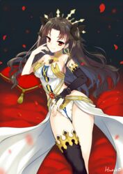  arm_warmers armlet bare_shoulders black_hair breasts bridal_gauntlets commentary_request crown earrings fate/grand_order fate_(series) female gem hair_ribbon himaya hoop_earrings ishtar_(fate) jewelry long_hair long_legs looking_at_viewer lying medium_breasts necklace on_back parted_bangs petals pillow red_eyes ribbon single_arm_warmer single_bridal_gauntlet single_thighhigh smile solo thighhighs thighs two_side_up 