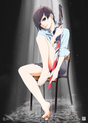  barefoot chair earrings feet female highres looking_at_viewer one_leg_raised short_hair sitting sleeves_folded_up soles sword toes 