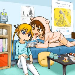  2girls bad_id bad_pixiv_id bed blonde_hair blue_eyes book brown_hair casual dandy_(space_dandy) demi-fiend devil_summoner_(series) gouto kill_me_baby kuzunoha_raidou long_hair monoiri_b multiple_girls oribe_yasuna pajamas pillow qt_(space_dandy) shin_megami_tensei shin_megami_tensei_iii:_nocturne short_hair sleepover snack sonya_(kill_me_baby) space_dandy twintails 