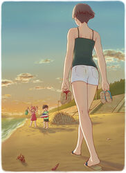  1boy 2girls bare_legs bare_shoulders beach brown_hair bucket camisole carrying cloud commentary_request crab gake_no_ue_no_ponyo holding holding_shoes jas_(littlecrime) kaze_no_tani_no_nausicaa kneepits lamppost lisa_(ponyo) lolicon mother_and_son multiple_girls nape ohmu outdoors park photoshop_(medium) ponyo sand_sculpture sandals seashell shell shoes short_hair shorts sky skyline sousuke_(ponyo) spaghetti_strap stairs standing star_(sky) sun sunset toy_boat unworn_shoes walking water white_shorts 