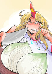  ahoge blonde_hair clenched_teeth commentary_request crying crying_with_eyes_open cutting_onions dutch_angle female glint gradient_background hand_on_own_face highres horns hoshiguma_yuugi knife long_hair looking_at_viewer oerba_yun_fang onion red_eyes shinapuu single_horn solo star_(symbol) tears teeth touhou 