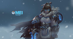  armor artist_name beads blue_eyes blue_gloves brown_hair canister character_name chinese_commentary coat commentary_request company_connection cowboy_shot emblem female franner frostmourne fur_coat fur_trim gauntlets gloves glowing glowing_eyes hair_bun hair_ornament hair_stick highres holding holding_sword holding_weapon lich_king logo mei_(overwatch) no_eyewear overwatch overwatch_1 parka parody pauldrons photoshop_(medium) short_hair shoulder_armor sidelocks single_hair_bun skull solo spiked_gauntlets sword trait_connection warcraft weapon winter winter_clothes winter_coat world_of_warcraft 