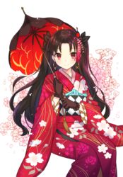  bow brown_gloves brown_hair cherry_blossom_print cherry_blossoms commentary_request earrings fate/grand_order fate_(series) female floral_print flower gloves hair_flower hair_ornament hairbow himaya hoop_earrings invisible_chair ishtar_(fate) ishtar_(formal_dress)_(fate) japanese_clothes jewelry kimono long_hair looking_at_viewer obi red_eyes sakuramon sash sitting smile solo two_side_up umbrella very_long_hair 