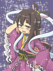  alternate_costume alternate_hairstyle blue_background blue_eyes brown_hair choker commentary_request cosplay female frilled_kimono frills gradient_eyes hagoromo hair_rings hand_on_own_hip highres japanese_clothes kantai_collection kimono long_hair looking_at_viewer macbail multicolored_eyes multicolored_hair naganami_(kancolle) obi oerba_yun_fang orihime_(tanabata) orihime_(tanabata)_(cosplay) pink_hair sash shawl solo sparkle sparkle_background two-tone_hair 