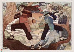  2boys armor bandages black_hair black_pants black_shirt blue_armor branch brothers commentary_request facial_mark falling_leaves floating_hair florakinesis forehead_mark full_body headband hip_armor hydrokinesis in_tree japanese_armor konohagakure_symbol leaf long_hair magic multiple_boys naruto_(series) naruto_shippuuden ninja ninjutsu pants plant red_armor samui128 senju_hashirama senju_tobirama shirt shoulder_armor siblings standing tree vines water white_hair wood_style_(naruto) 