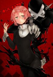  1other :o androgynous black_dress blood blush commentary_request copyright_name crona_(soul_eater) dress green_eyes hair_between_eyes highres injury long_sleeves miko_(0721miko) pink_hair ragnarok_(demon_sword) red_background short_hair soul_eater sweatdrop wrist_cuffs 