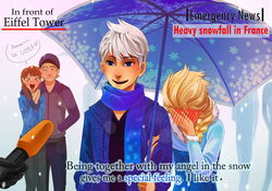  2girls anna_(frozen) blush disney elsa_(frozen) frozen_(disney) hood hoodie jack_frost_(rise_of_the_guardians) kristoff_(frozen) microphone multiple_boys multiple_girls rise_of_the_guardians scarf snow special_feeling_(meme) sweater umbrella white_hair 