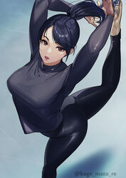  1girls absurdres bangs black_hair black_pants black_sweater breasts brown_eyes female female_focus flexible from_above high_ponytail highres ice kagematsuri looking_at_viewer older_sister original original_character ponytail skates stretching sweating swept_bangs tight_pants 