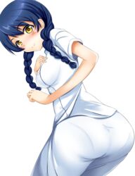  ass blue_eyes braid breasts brown_eyes chef commentary_request female hand_on_own_chest leaning_forward looking_at_viewer looking_back medium_breasts pantylines shokugeki_no_souma simple_background smile solo tadokoro_megumi twin_braids white_background yottan 