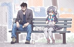  1boy bag bench blue_scarf chain-link_fence commentary cup disposable_cup eating english_commentary female fence gradient_scarf grey_hair grey_legwear grey_skirt grey_vest hair_between_eyes head_wings keanu_reeves kemono_friends long_hair meme miniskirt multicolored_clothes multicolored_scarf on_bench orange_eyes outdoors pantyhose pink_footwear plastic_bag pleated_skirt purple_scarf real_life rock_pigeon_(kemono_friends) sad_keanu_(meme) scarf short_sleeves sitting skirt tanaka_kusao three_quarter_view vest wings wristband 