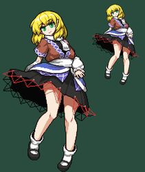  arm_warmers bad_id bad_pixiv_id black_footwear black_shirt black_skirt blonde_hair brown_shirt clothes_lift female full_body green_background green_eyes head_tilt layered_clothes legs looking_at_viewer mary_janes mizuhashi_parsee namako_daibakuhatsu pixel_art pointy_ears ribbon-trimmed_skirt ribbon_trim scarf shirt shoes simple_background skirt skirt_lift slit_pupils smile socks solo thighs touhou white_scarf white_socks 