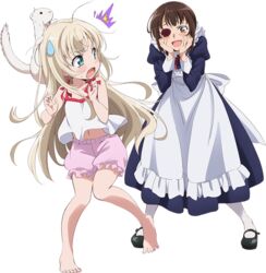  2girls :d ahoge animal animal_on_head apron arms_up bare_shoulders barefoot black_footwear bloomers blue_eyes blush breasts brown_eyes brown_hair camisole collarbone colored_eyepatch eyepatch ferret flat_chest frilled_apron frills full_body fur hands_on_own_cheeks hands_on_own_face heart heart-shaped_pupils juliet_sleeves kamoi_tsubame key_visual knees_together_feet_apart kumagorou large_breasts long_hair long_sleeves looking_at_another maid mary_janes multiple_girls navel neck_ribbon official_art on_head open_mouth pantyhose pigeon-toed pink_bloomers platinum_blonde_hair promotional_art puffy_sleeves red_ribbon ribbon shirt shoes short_hair sleeveless sleeveless_shirt smile standing standing_on_one_leg surprised symbol-shaped_pupils tail takanashi_misha transparent_background uchi_no_maid_ga_uzasugiru! underwear wavy_mouth white_apron white_camisole white_pantyhose white_shirt yamazaki_jun yuri 