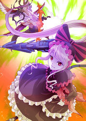  1boy bird black_hair bow dress female frills gauntlets long_hair mask oerba_yun_fang overlord_(maruyama) peroroncino ponytail purple_hair red_eyes ribbon rurukichi shalltear_bloodfallen skirt vampire weapon wings 